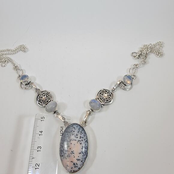 Handmade Dendritic Agate Necklace Sterling Silver Moonstone Accent Unique Design - Picture 3 of 10